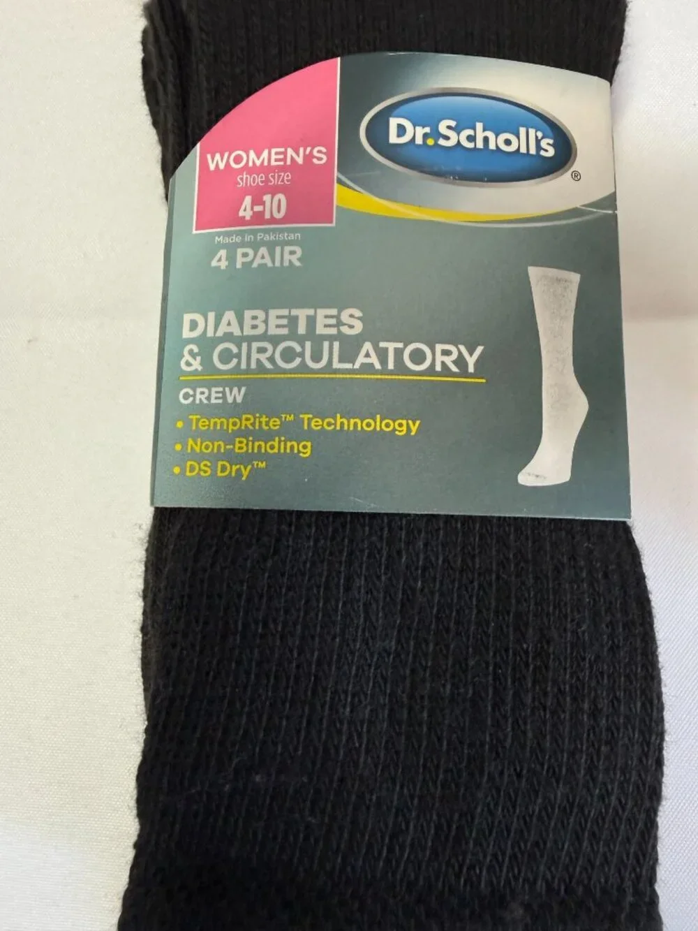 NWT‎ Dr. Scholls Womens Socks 4 Pack Crew Diabetes Circulatory Non Binding Black